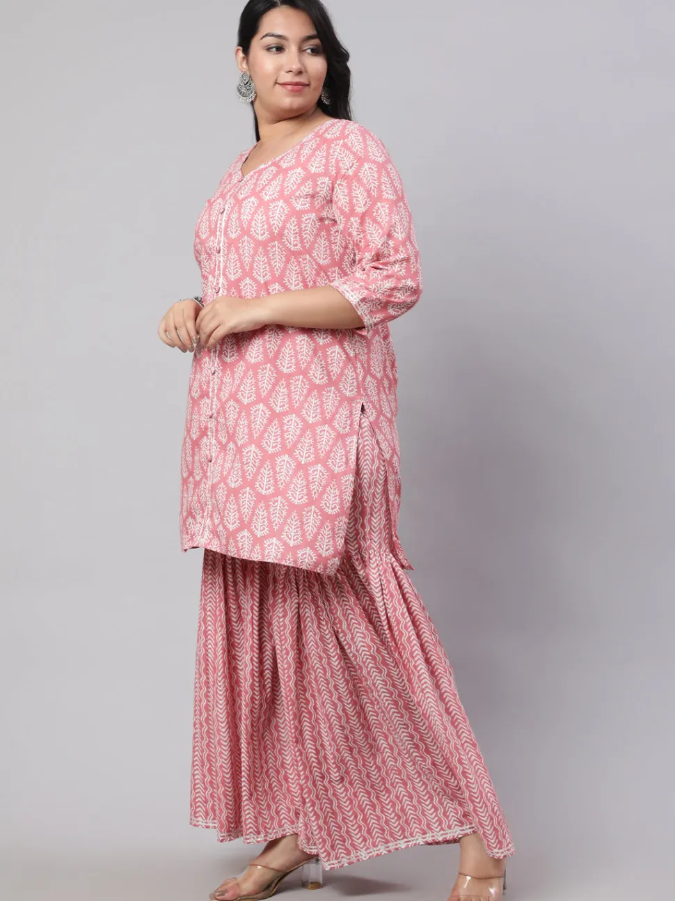 Jaipur Kurti Plus Size Ethnic Printed Kurti With Sharara And Chiffon Dupatta