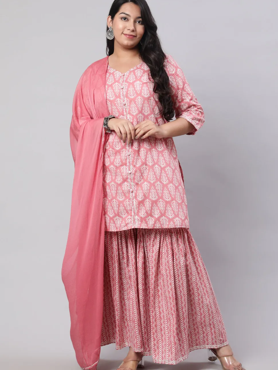 Jaipur Kurti Plus Size Ethnic Printed Kurti With Sharara And Chiffon Dupatta
