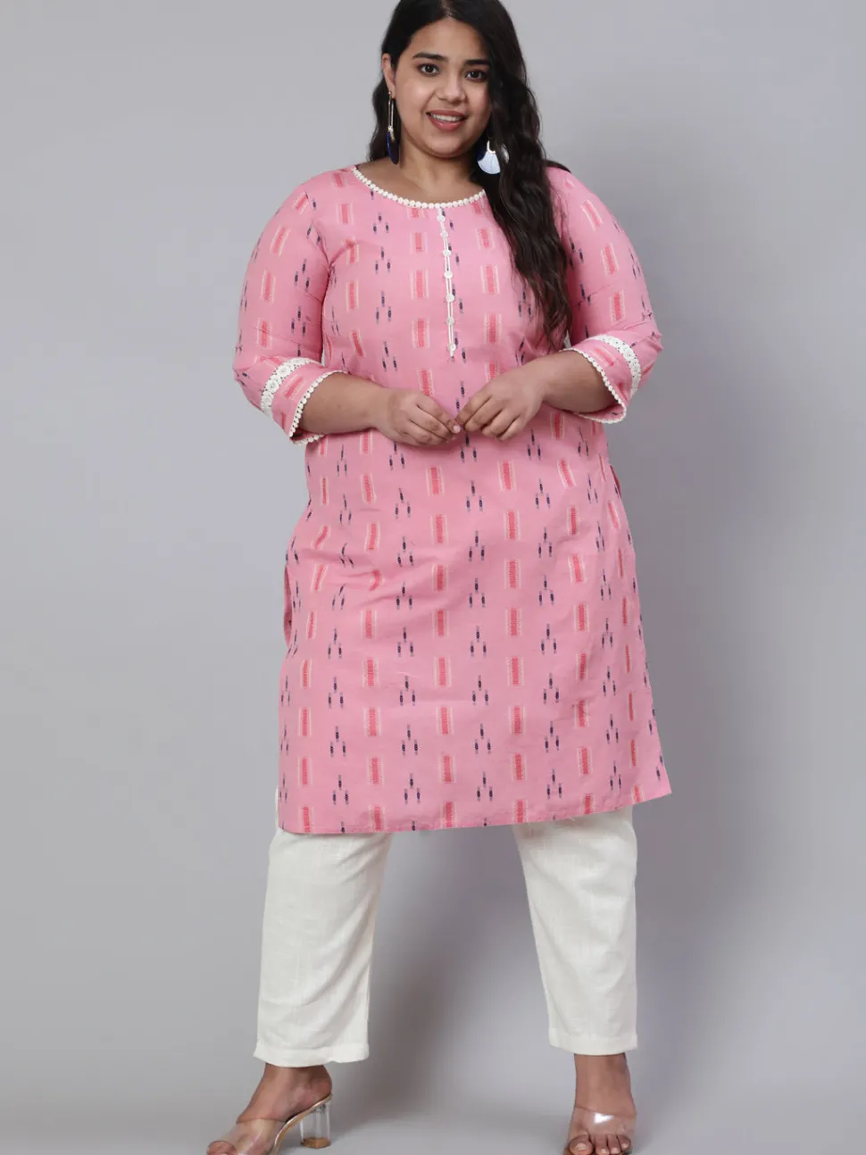 plus_size_pink_self_weaved_straight_kurta_with_offwhite_pants_2.webp Jaipur Kurti Plus Size Self Weaved Straight Kurta With Off-White Pants