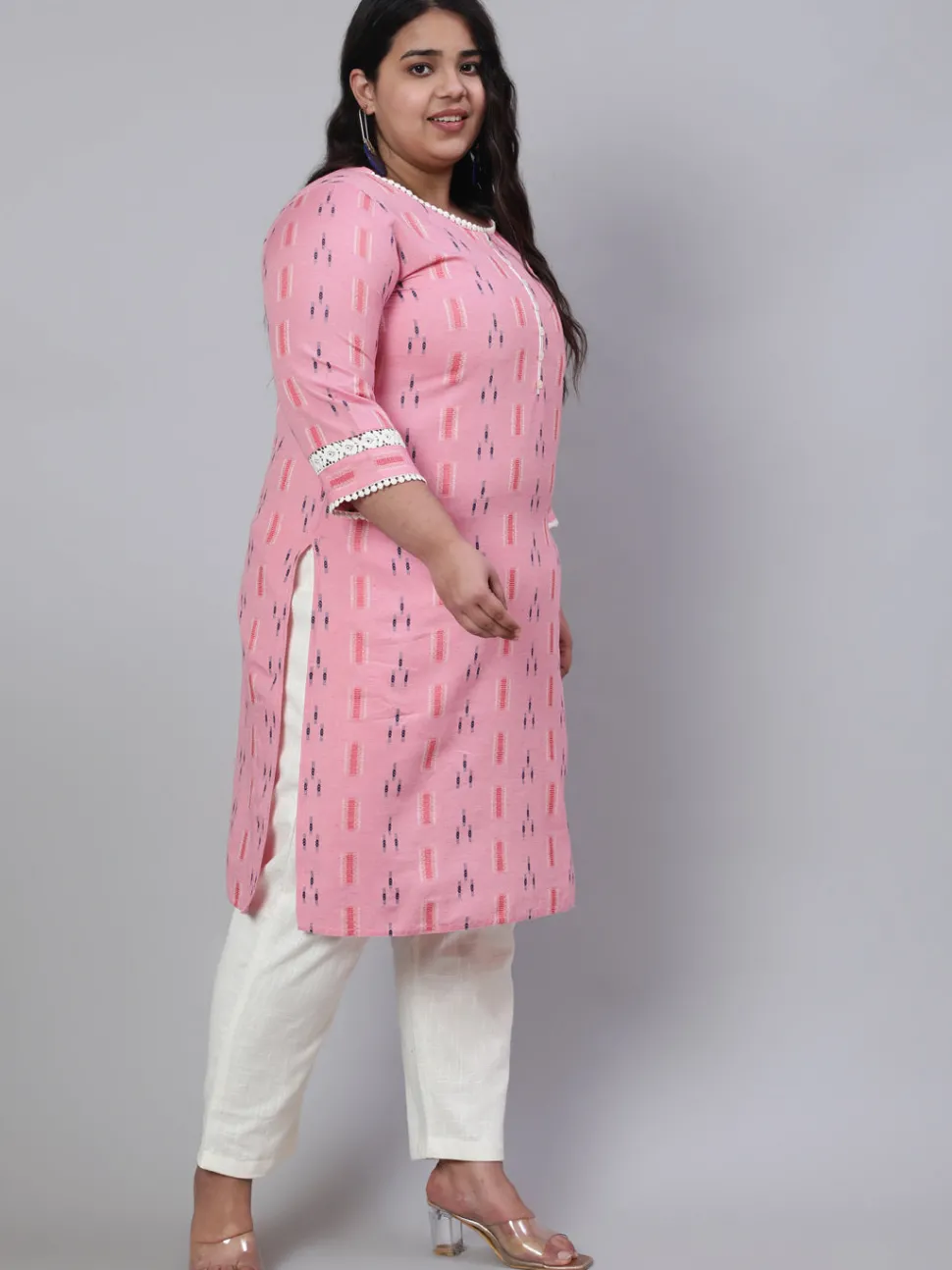 plus_size_pink_self_weaved_straight_kurta_with_offwhite_pants_4.webp Jaipur Kurti Plus Size Self Weaved Straight Kurta With Off-White Pants
