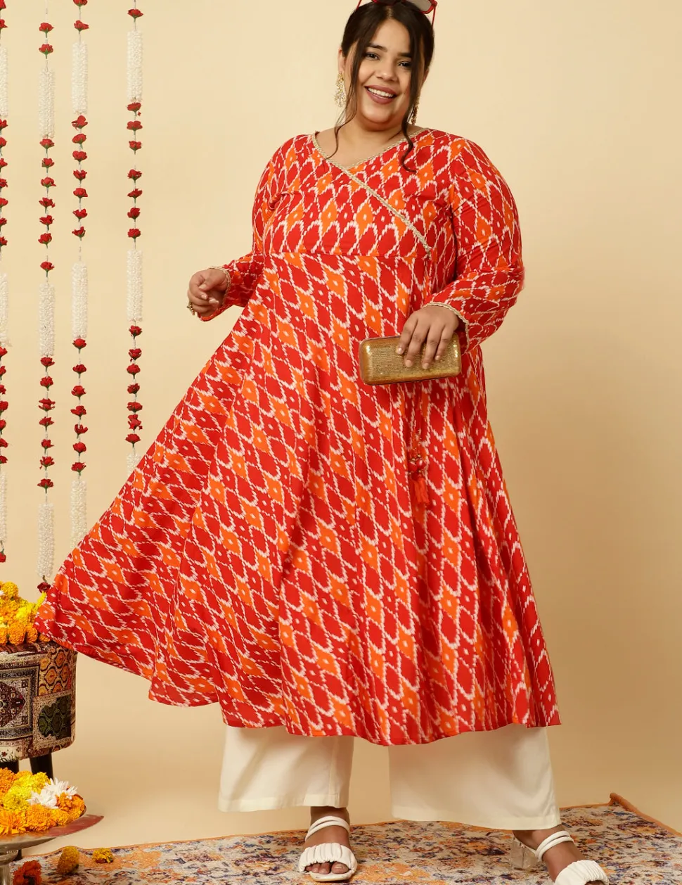 Jaipur Kurti Plus Size Ikat Printed Angrakha Kurta
