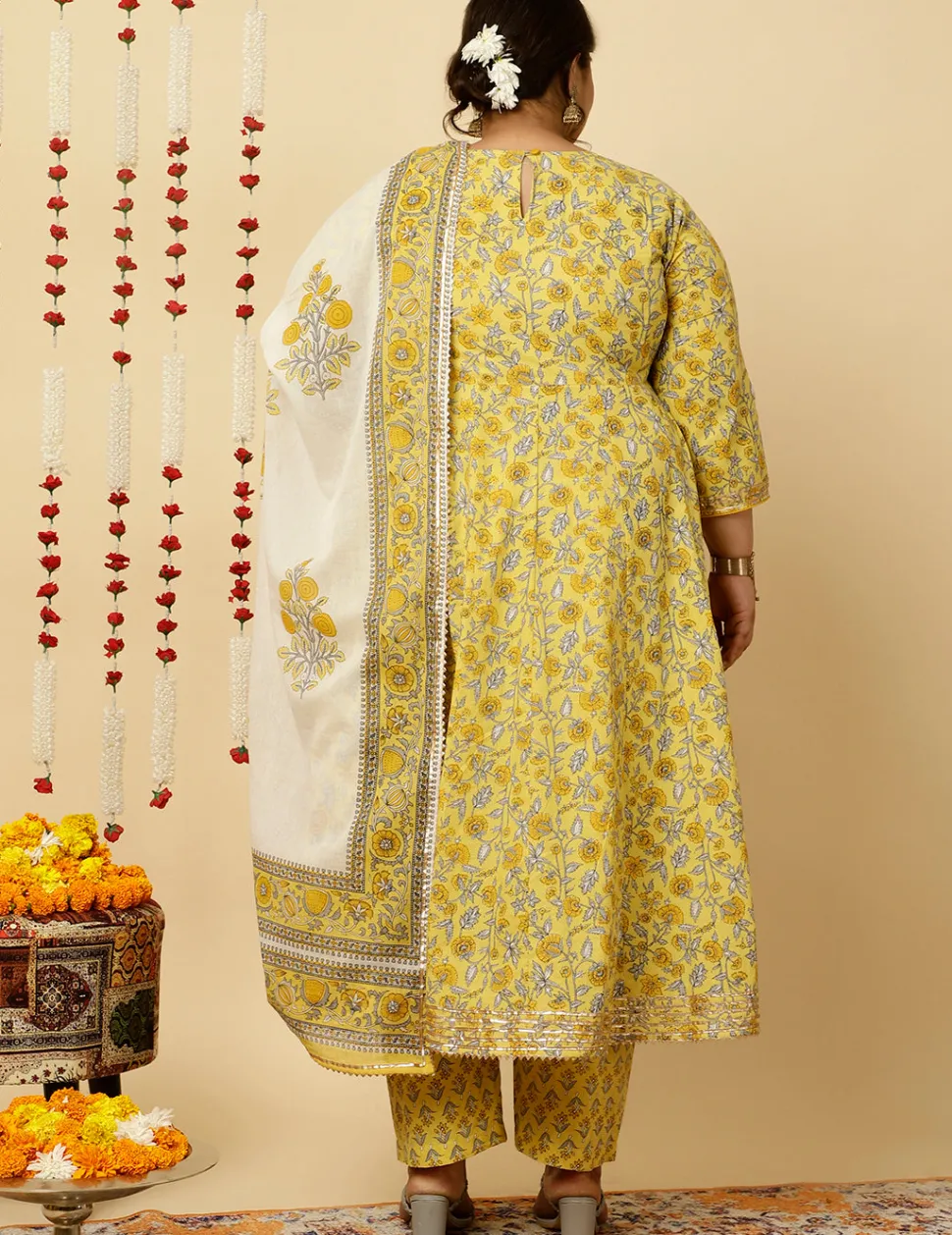 Jaipur Kurti Plus Size Ethnic Print Anarkali Kurta With Pants And Dupatta