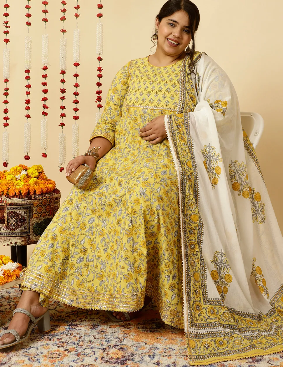 Jaipur Kurti Plus Size Ethnic Print Anarkali Kurta With Pants And Dupatta