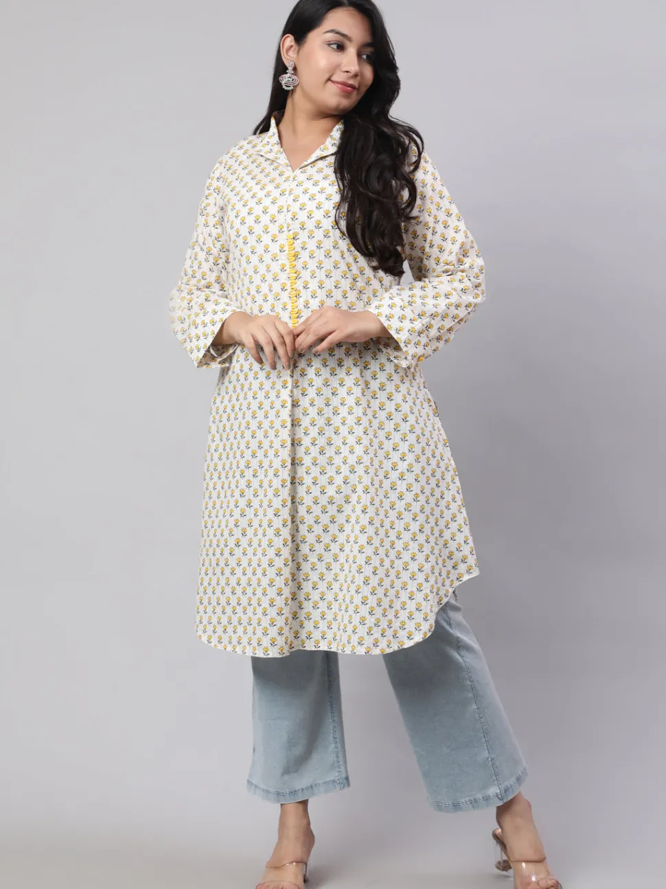 Jaipur Kurti Plus Size Ethnic Printed Cotton Lurex Kurta