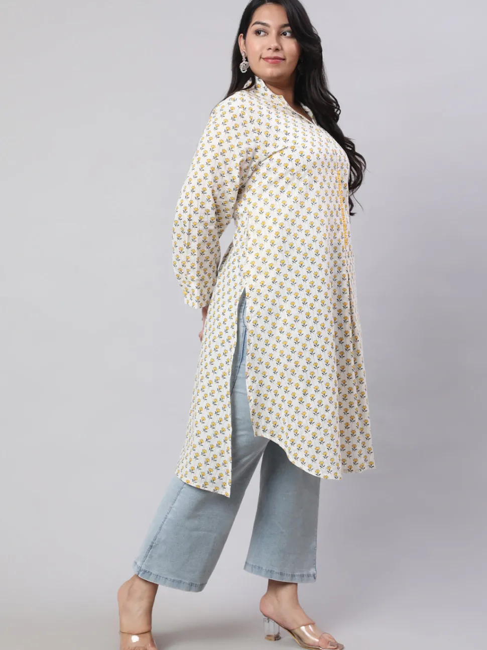 Jaipur Kurti Plus Size Ethnic Printed Cotton Lurex Kurta