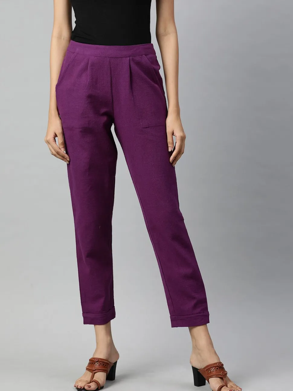 Jaipur Kurti Cotton Slub Bottom-Fold Straight Pants