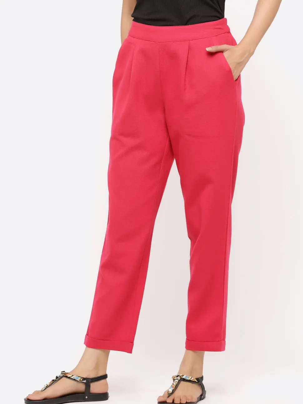 Jaipur Kurti Rani Cotton Slub Bottom-Fold Straight Pants