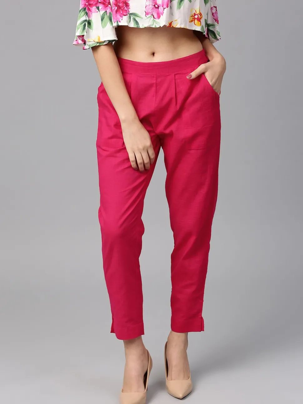 Jaipur Kurti Rani Solid Cotton Slub Straight Pants
