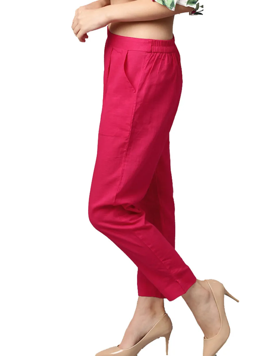 Jaipur Kurti Rani Solid Cotton Slub Straight Pants
