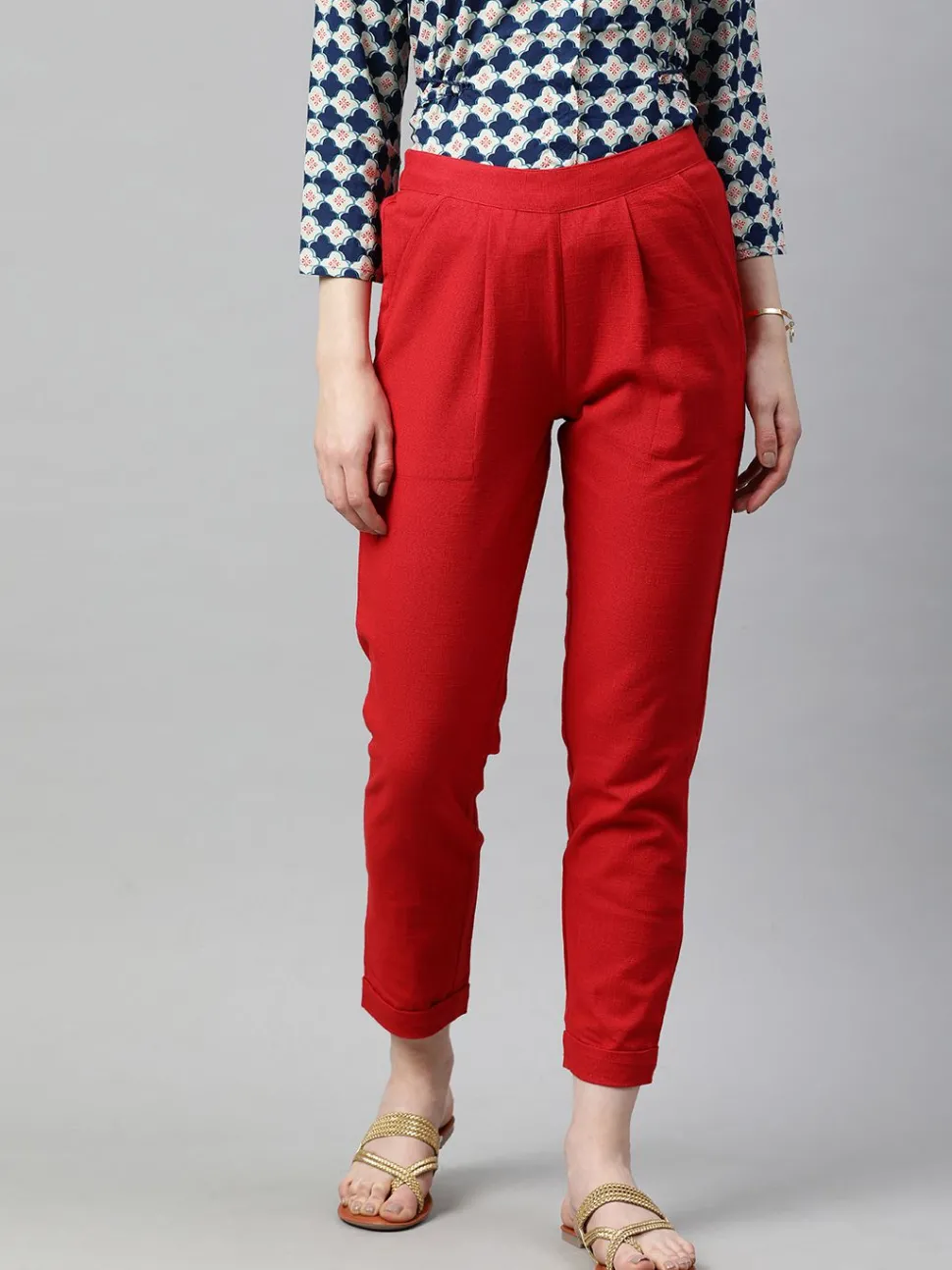 Jaipur Kurti Cotton Slub Bottom-Fold Straight Pants