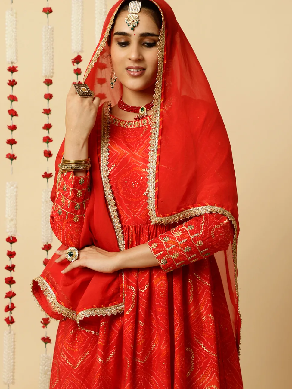 Jaipur Kurti Embroide Bandhani Gathe Kurta With Leheriya Skirt And Dupatta