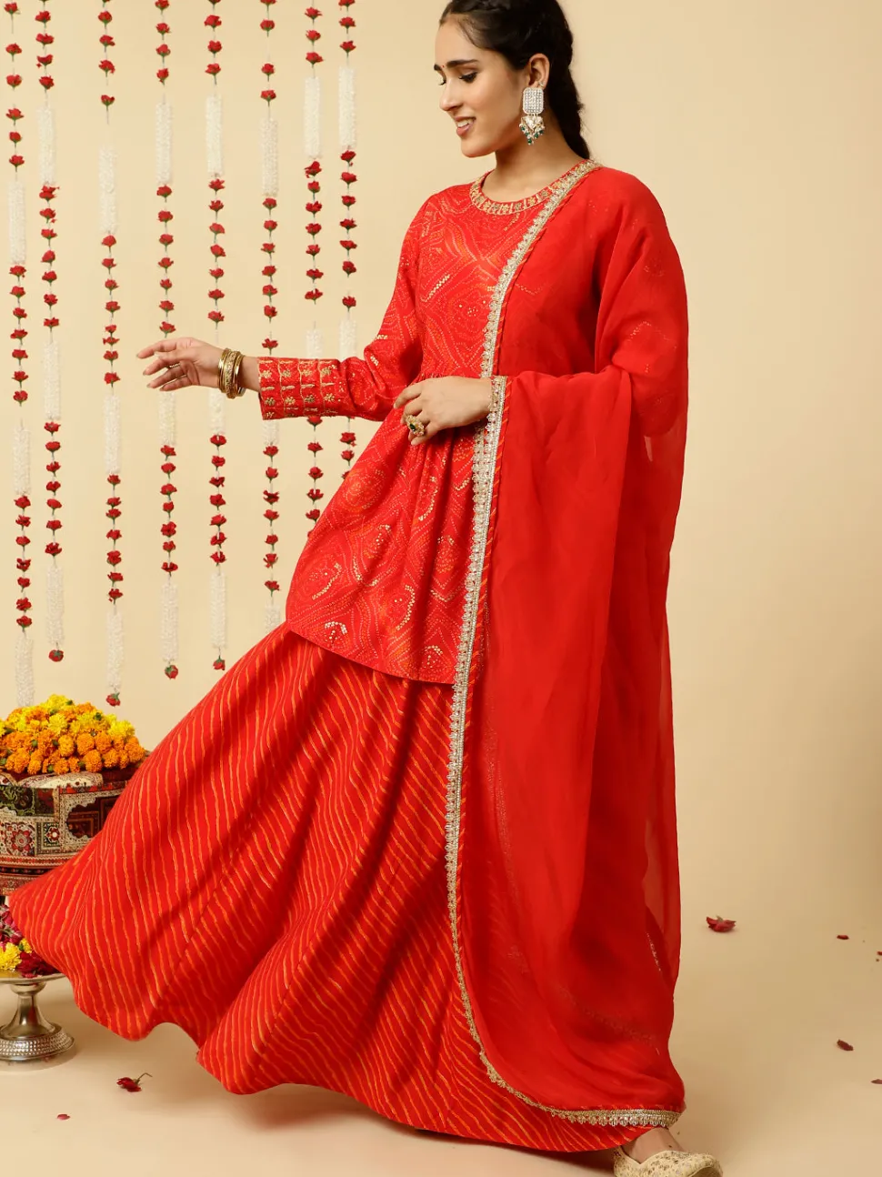 Jaipur Kurti Embroide Bandhani Gathe Kurta With Leheriya Skirt And Dupatta
