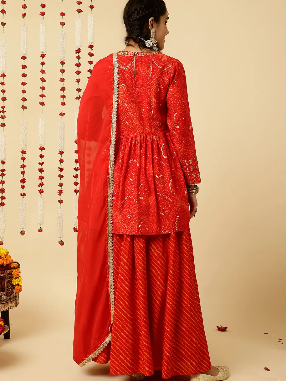 Jaipur Kurti Embroide Bandhani Gathe Kurta With Leheriya Skirt And Dupatta