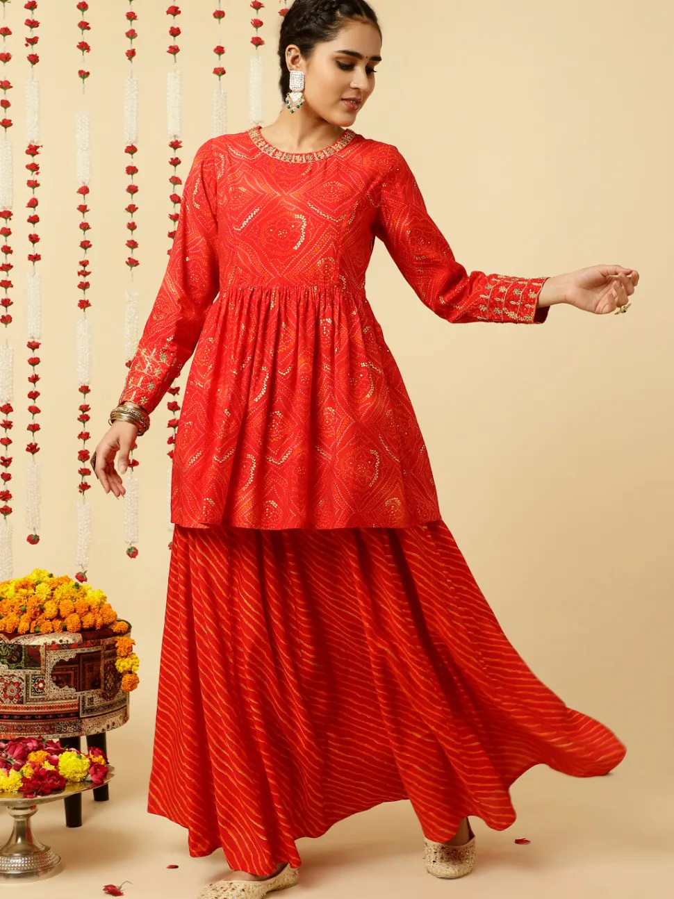 Jaipur Kurti Embroide Bandhani Gathe Kurta With Leheriya Skirt And Dupatta