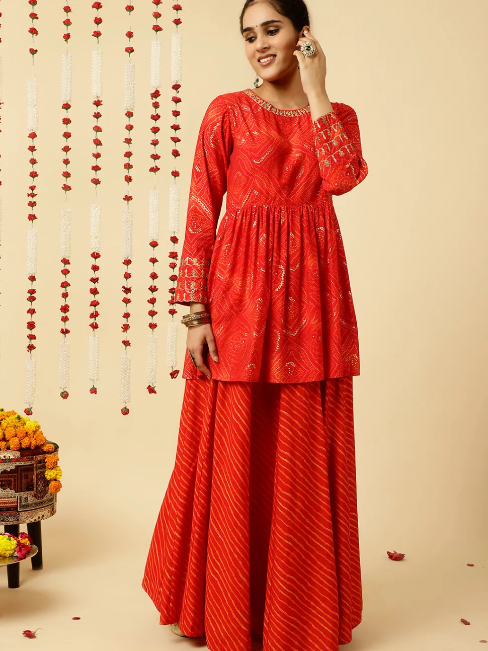 Jaipur Kurti Embroide Bandhani Gathe Kurta With Leheriya Skirt And Dupatta