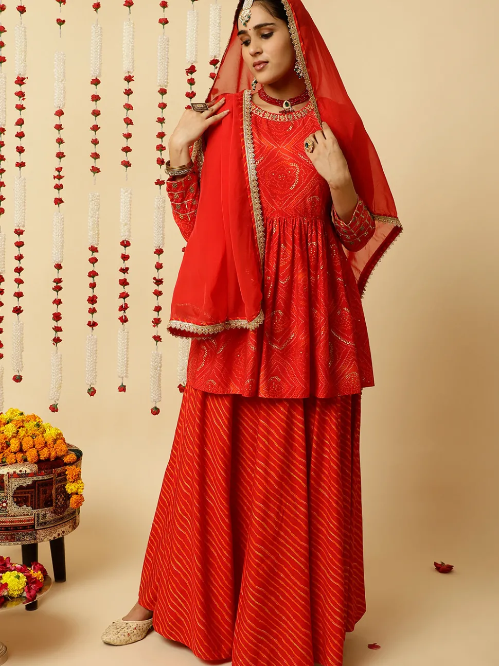 Jaipur Kurti Embroide Bandhani Gathe Kurta With Leheriya Skirt And Dupatta