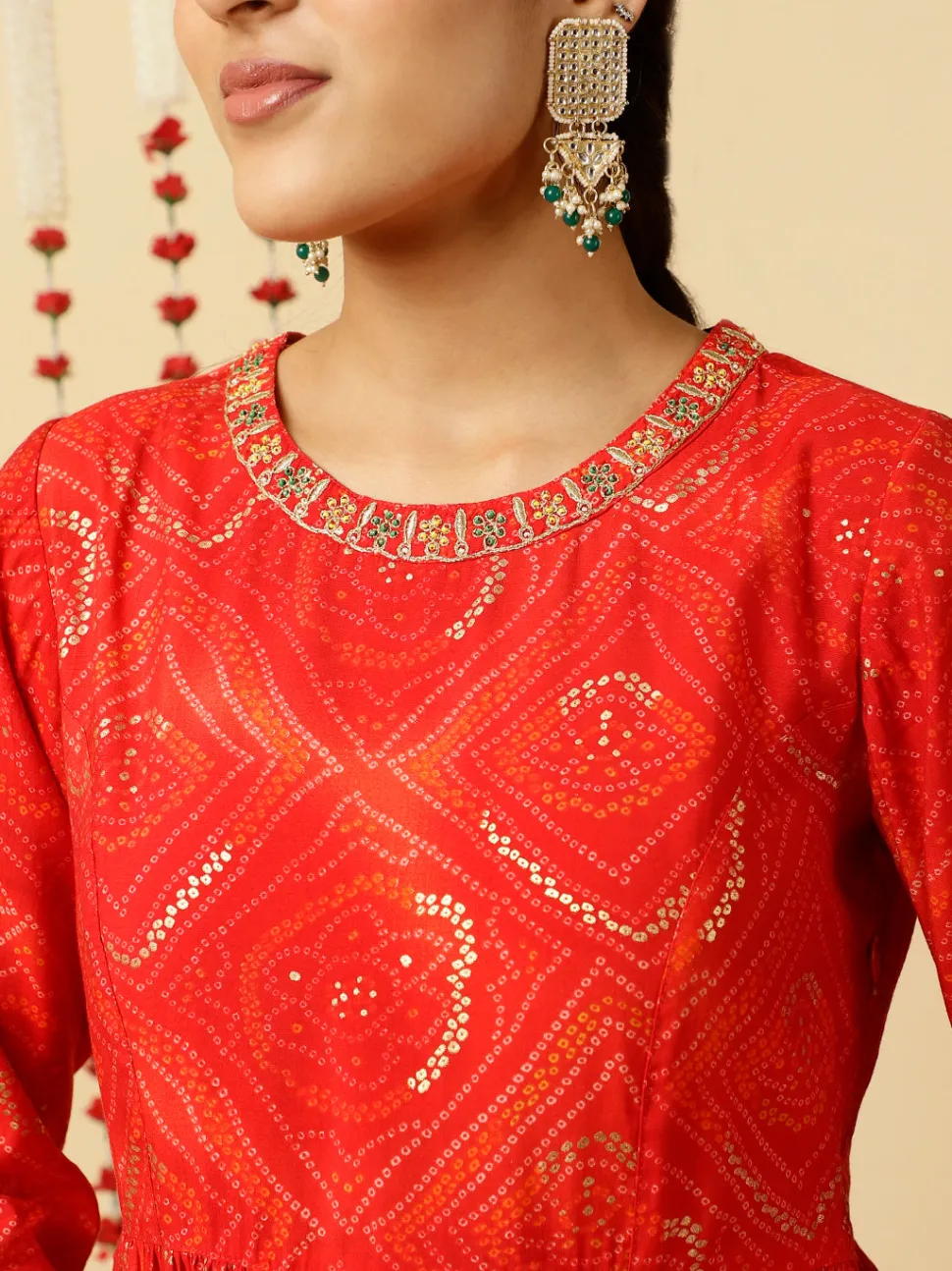 Jaipur Kurti Embroide Bandhani Gathe Kurta With Leheriya Skirt And Dupatta