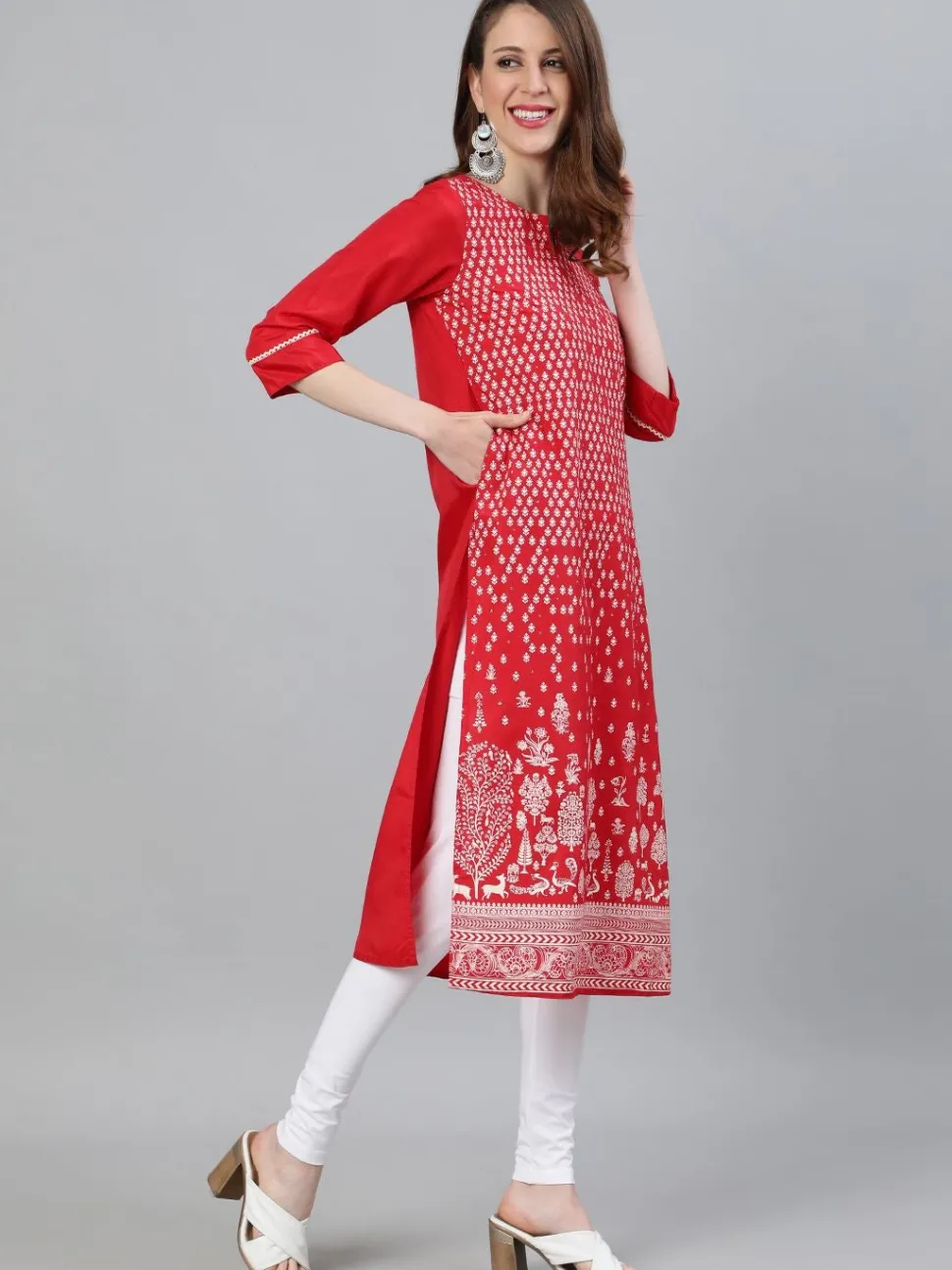 Jaipur Kurti Red Ethnic Motifs Printed Straight Silk Blend Kurta