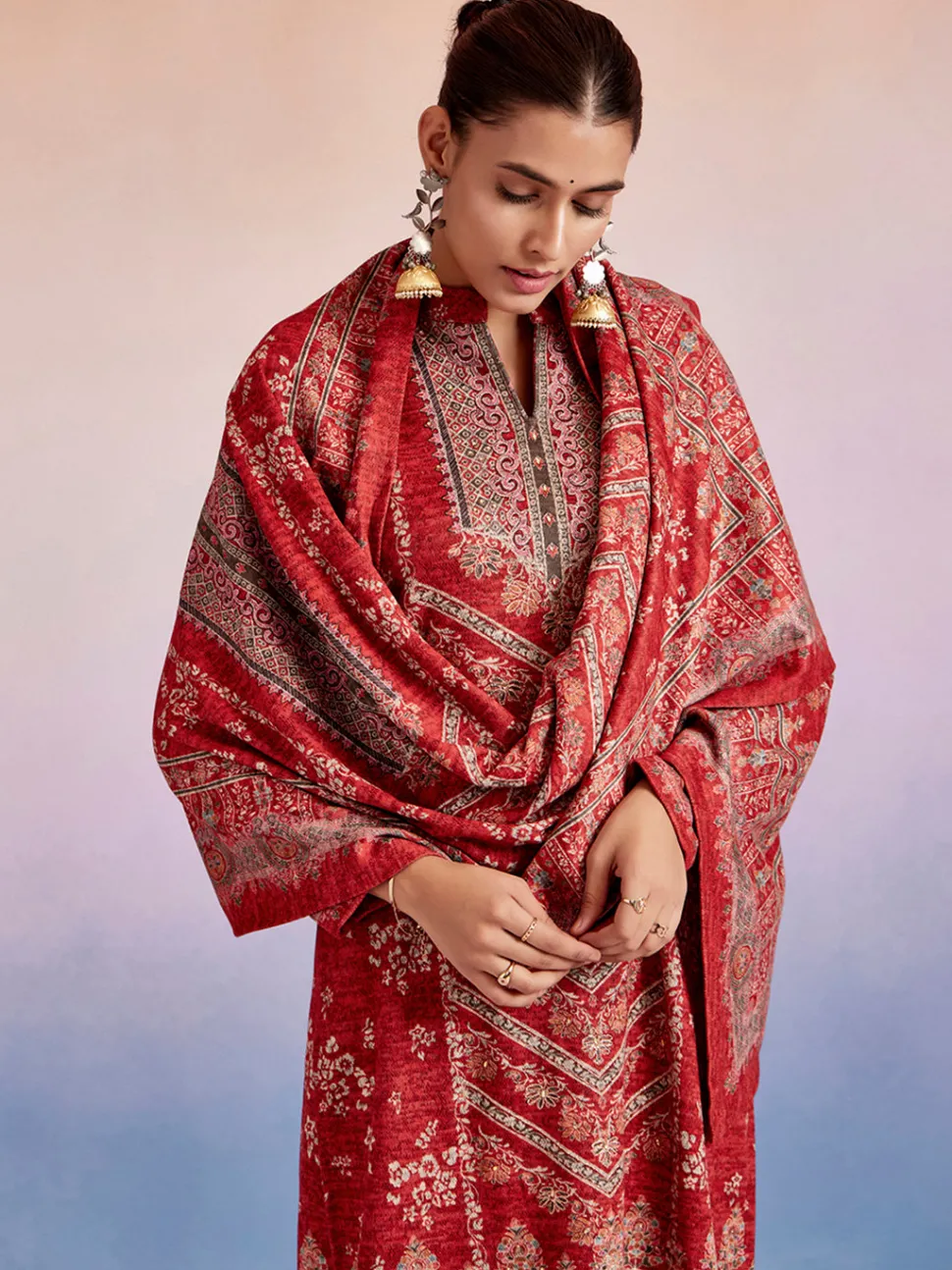 Jaipur Kurti Woolen Ethnic Printed Kurta Set With Dupatta