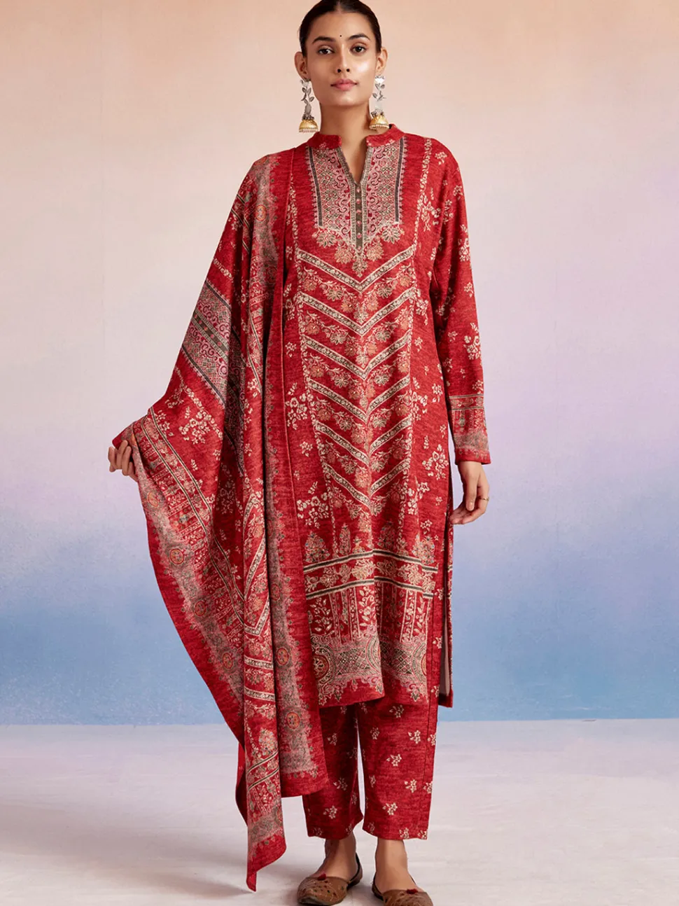 Jaipur Kurti Woolen Ethnic Printed Kurta Set With Dupatta