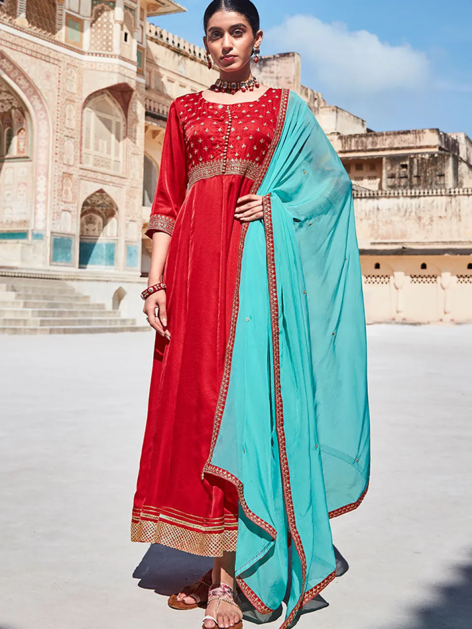 Jaipur Kurti Zari Work Floor Length Anarkali Kurta With Sea Green Organza Embellished Dupatta