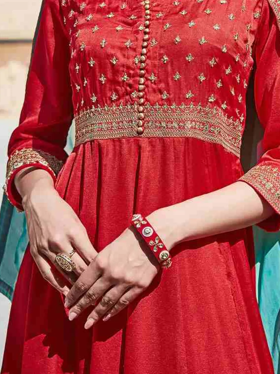 Jaipur Kurti Zari Work Floor Length Anarkali Kurta With Sea Green Organza Embellished Dupatta