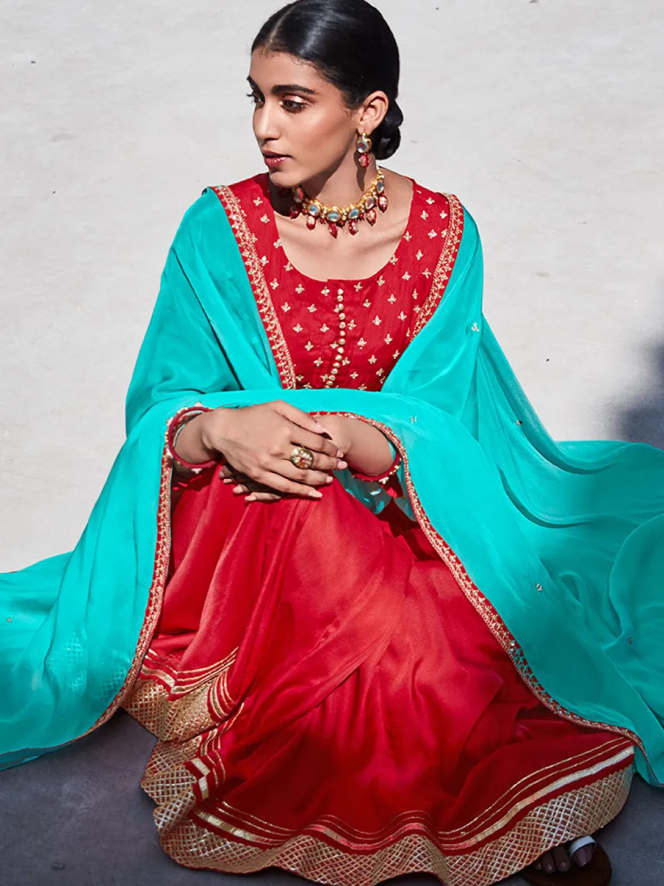 red_zari_work_floor_length_anarkali_kurta_with_sea_green_organza_embellished_dupatta_2.webp Jaipur Kurti Zari Work Floor Length Anarkali Kurta With Sea Green Organza Embellished Dupatta