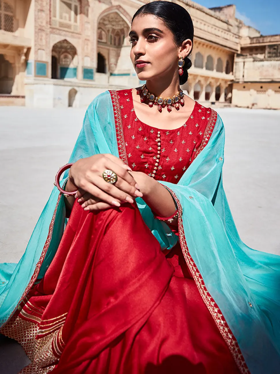 red_zari_work_floor_length_anarkali_kurta_with_sea_green_organza_embellished_dupatta_4.webp Jaipur Kurti Zari Work Floor Length Anarkali Kurta With Sea Green Organza Embellished Dupatta