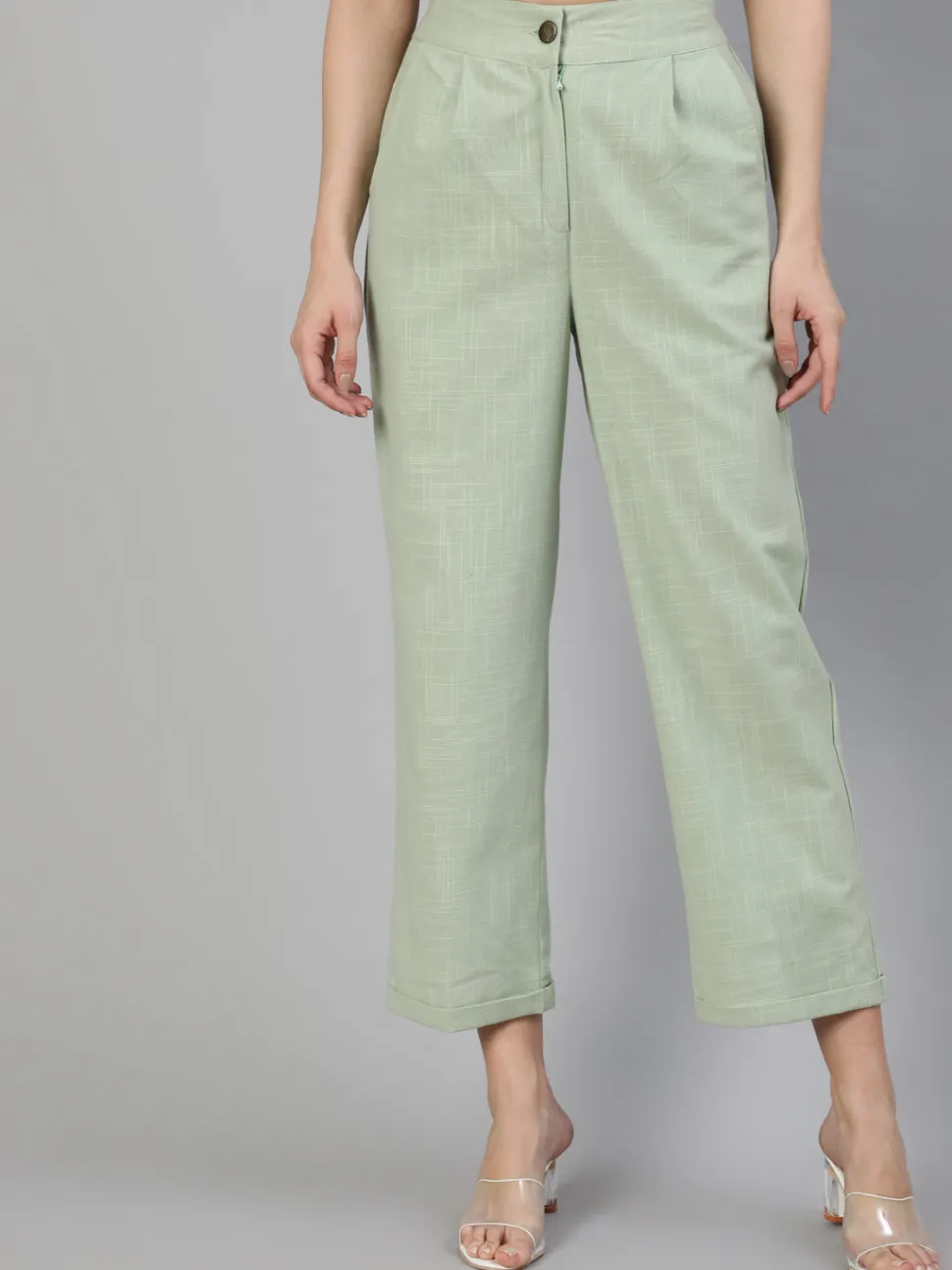 Jaipur Kurti Cotton Slub Straight High Rise Bottom Fold Pants