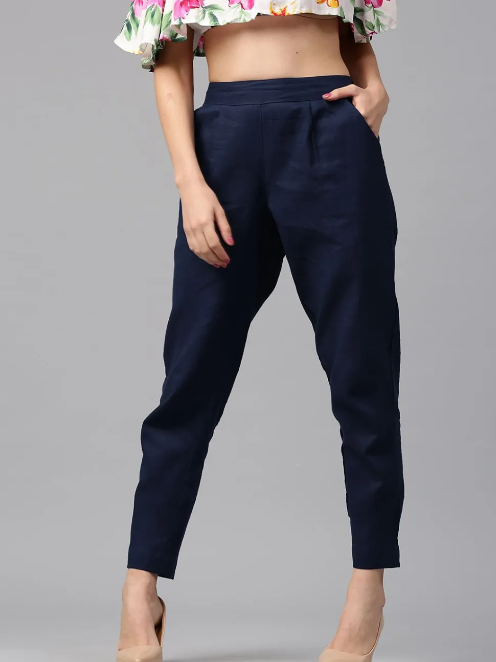 Jaipur Kurti Royal Blue Solid Cotton Slub Straight Pants