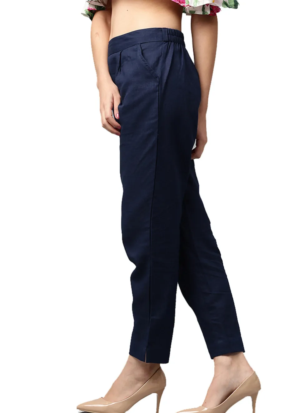 Jaipur Kurti Royal Blue Solid Cotton Slub Straight Pants
