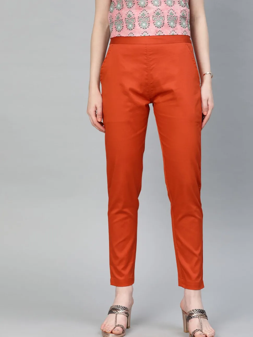 Jaipur Kurti Rust Orange Solid Cotton Lycra Pants