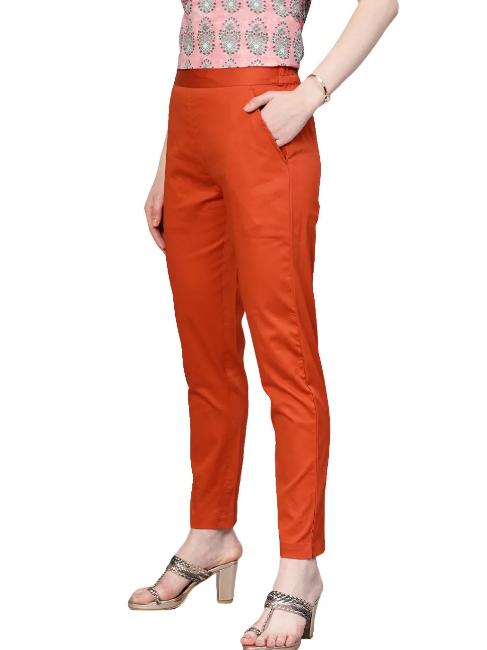 Jaipur Kurti Rust Orange Solid Cotton Lycra Pants