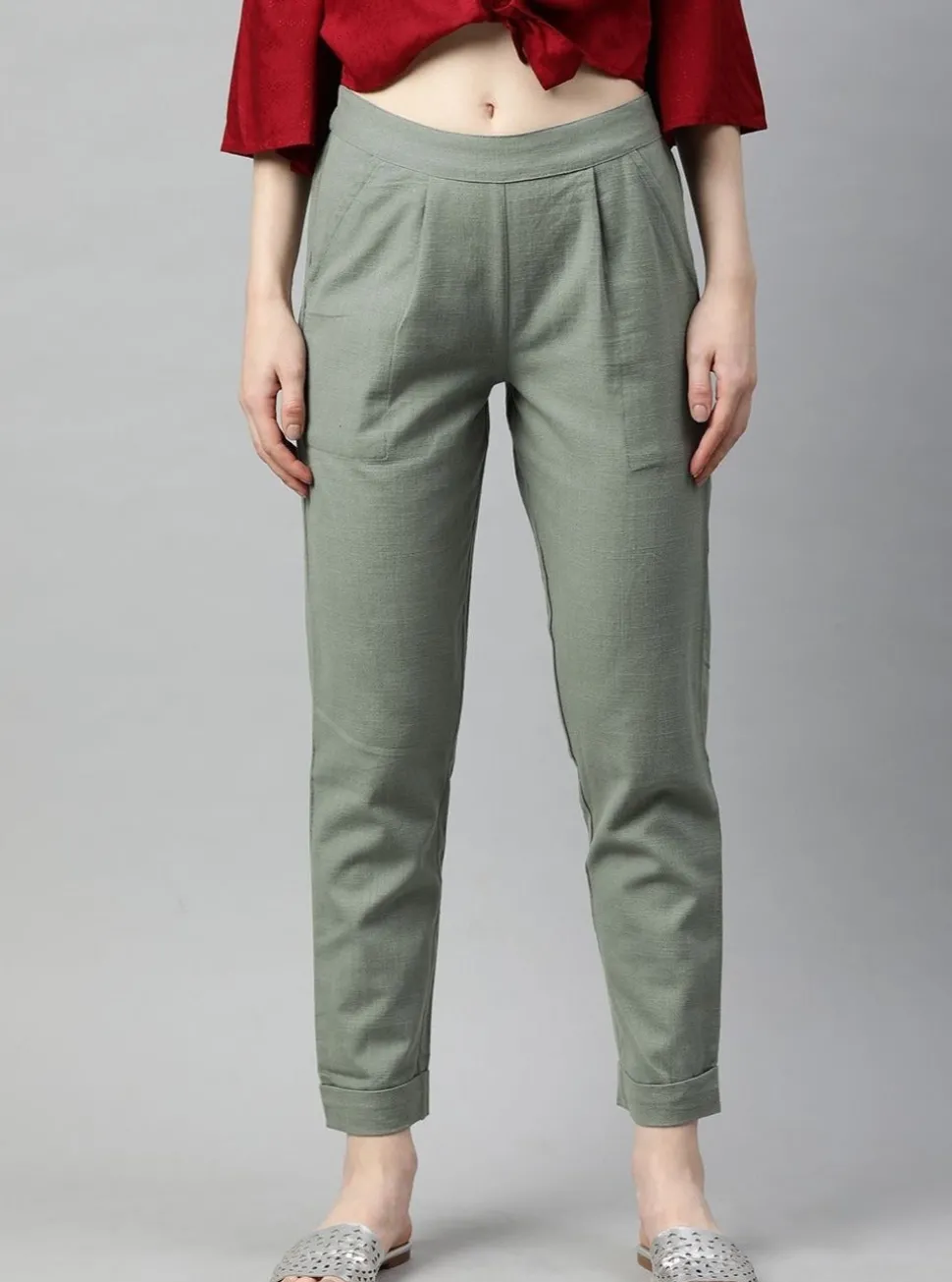 Jaipur Kurti Sage Green Cotton Slub Bottom-Fold Straight Pants