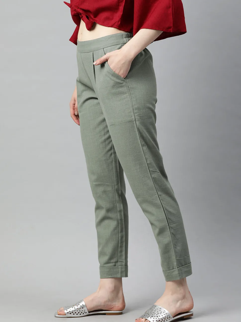 Jaipur Kurti Sage Green Cotton Slub Bottom-Fold Straight Pants