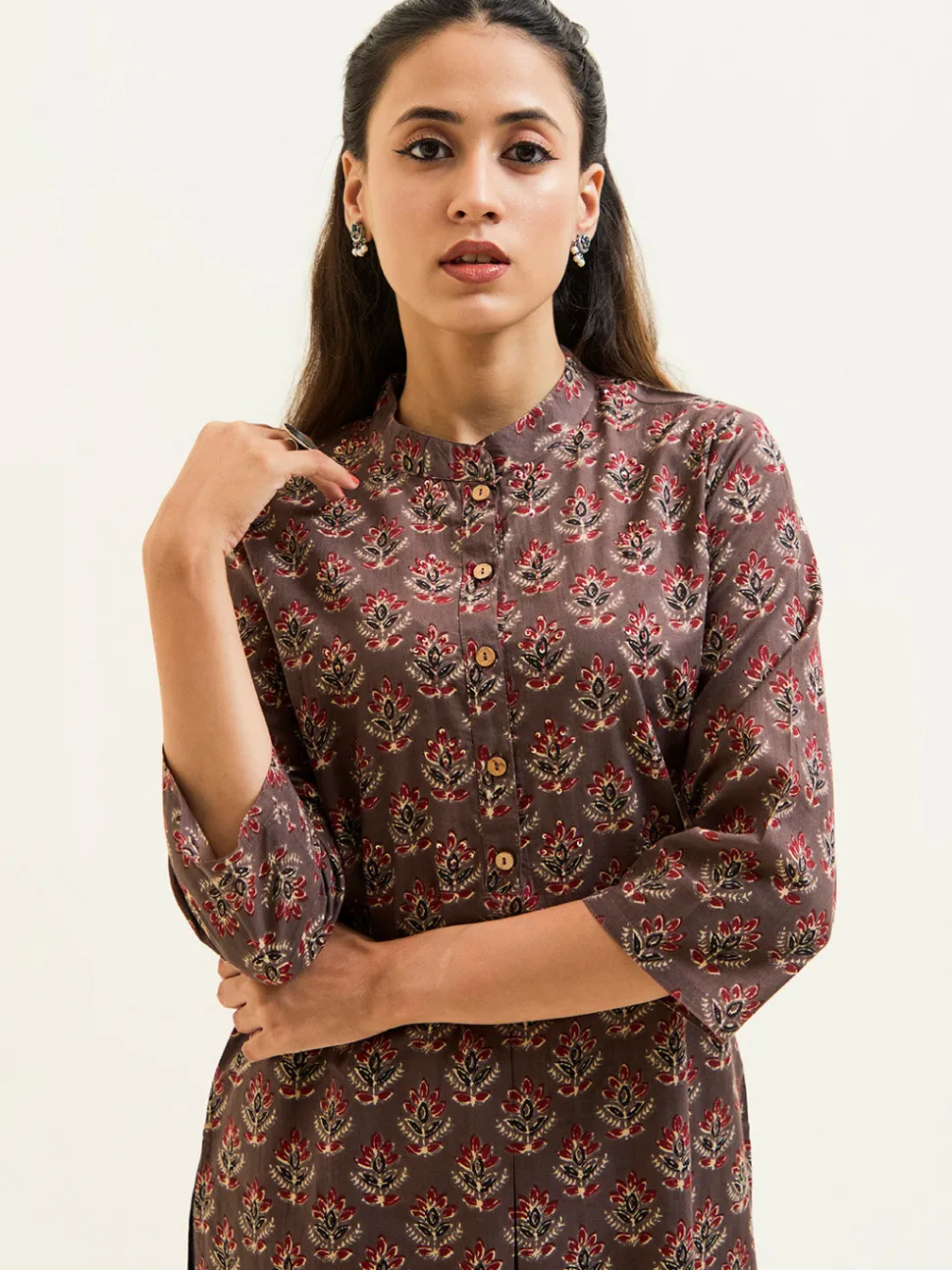 Jaipur Kurti Sand Grey Ethnic Printed Short Kurta