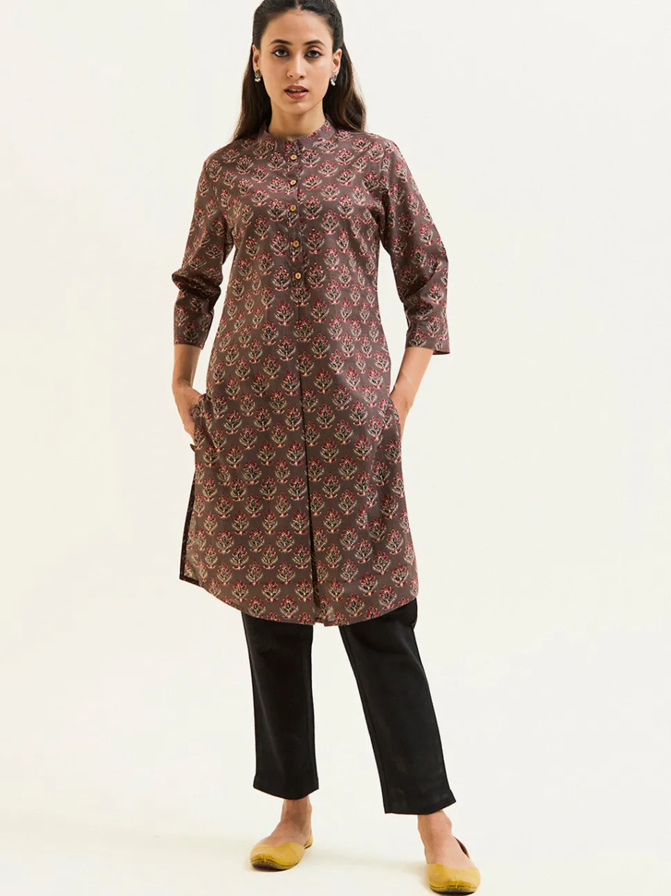 Jaipur Kurti Sand Grey Ethnic Printed Short Kurta