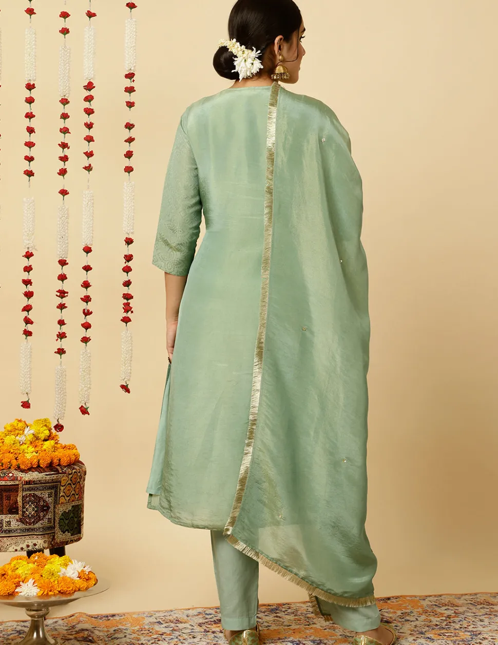 sea_green_aline_silk_kantha_work_kurta_with_pants_and_dupatta_2.webp Jaipur Kurti Sea Green A-line Silk Kantha Work Kurta With Pants And Dupatta