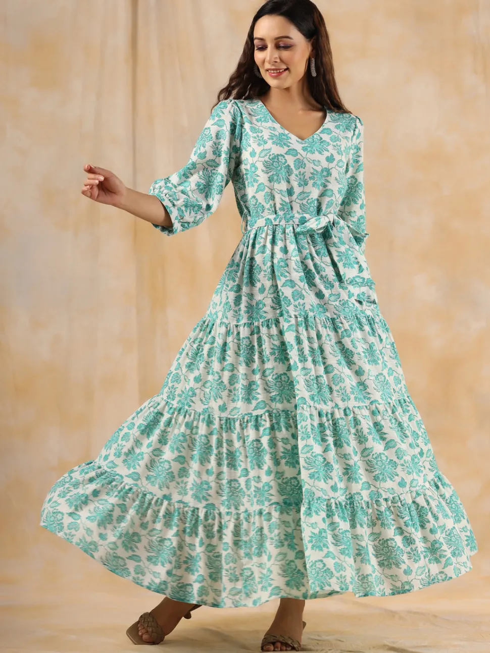 Jaipur Kurti Sea Green Floral Printed Tier Cotton Dress