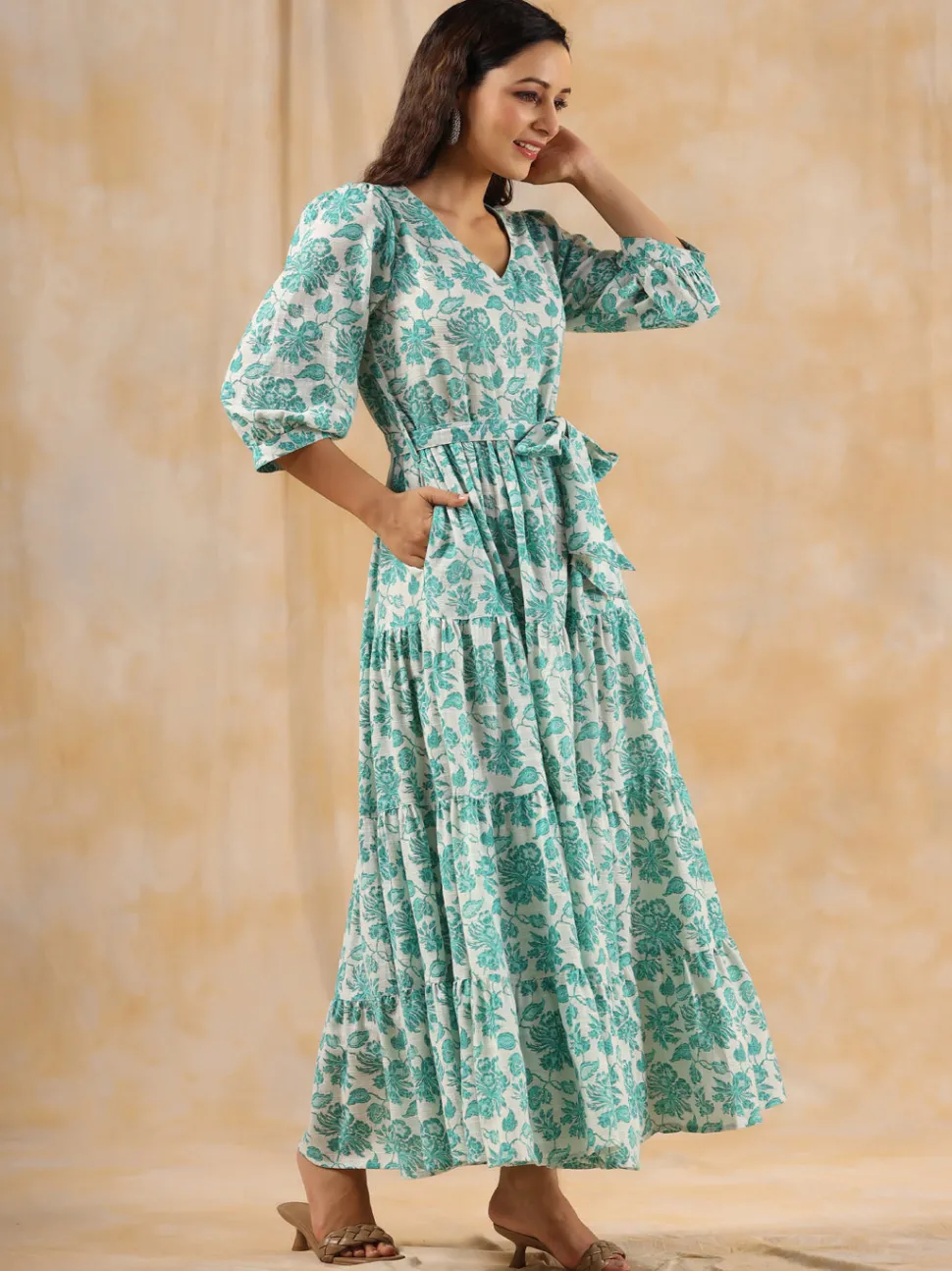 Jaipur Kurti Sea Green Floral Printed Tier Cotton Dress