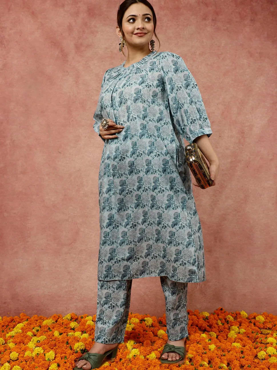 Jaipur Kurti Sea Green Loose Fit Kurta with Pants