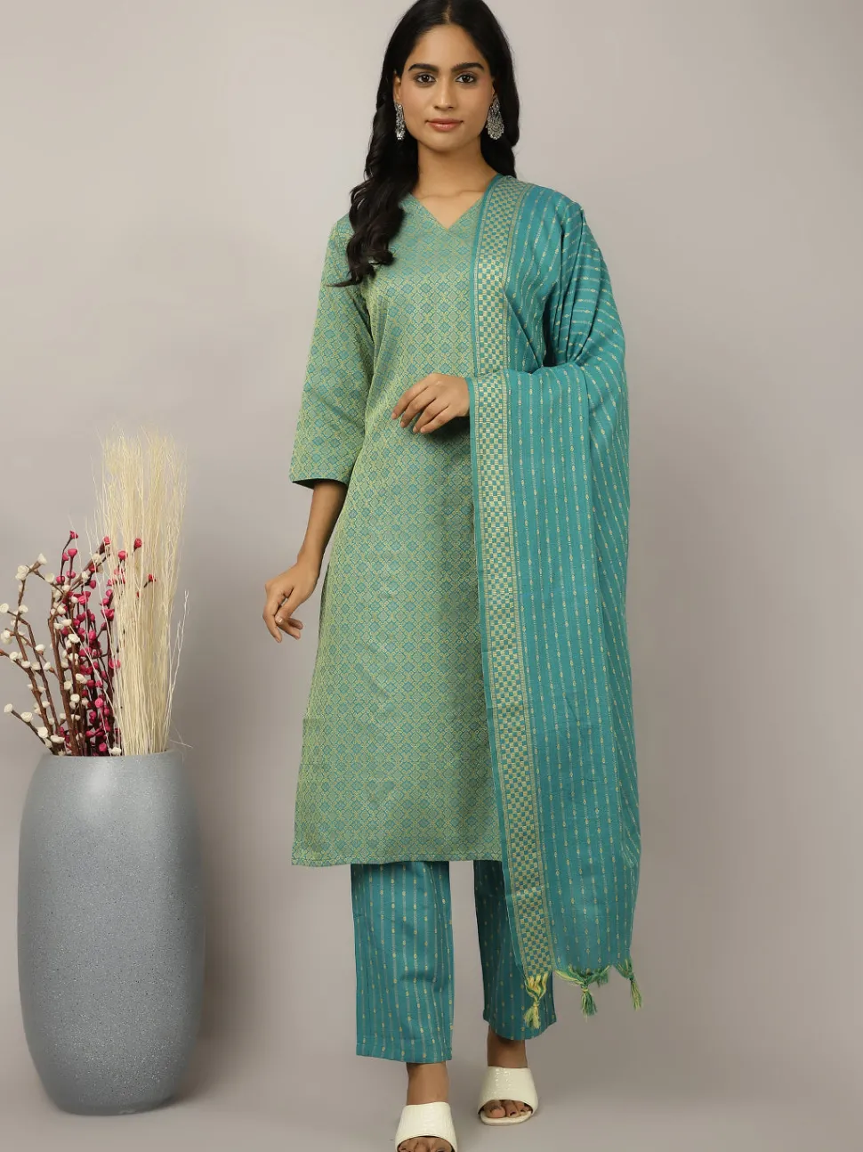 Jaipur Kurti Sea Green Self-Design Festive Suit Set
