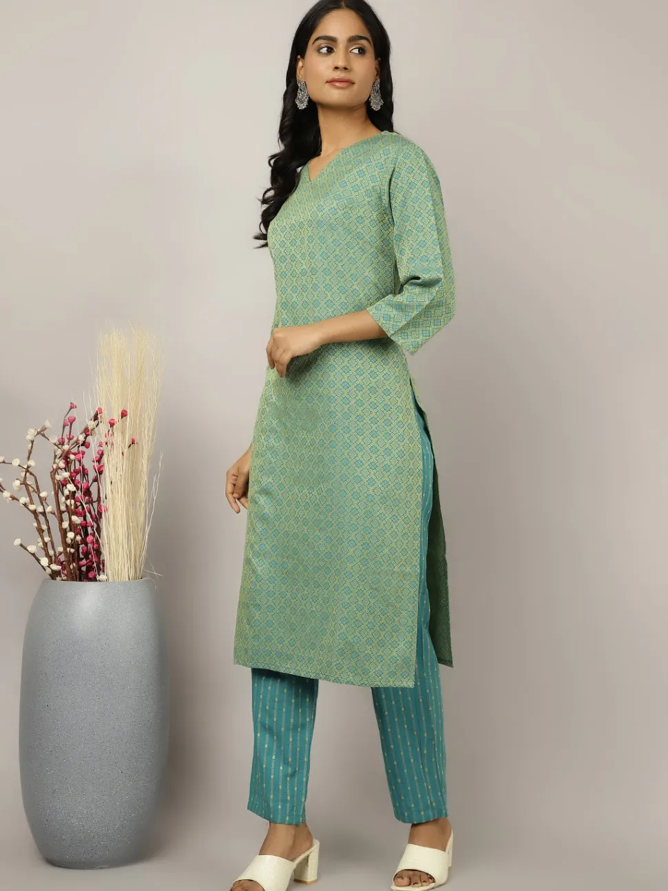 Jaipur Kurti Sea Green Self-Design Festive Suit Set