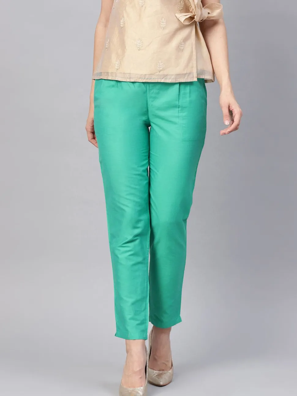 Jaipur Kurti Sea Green Solid Chanderi Pants