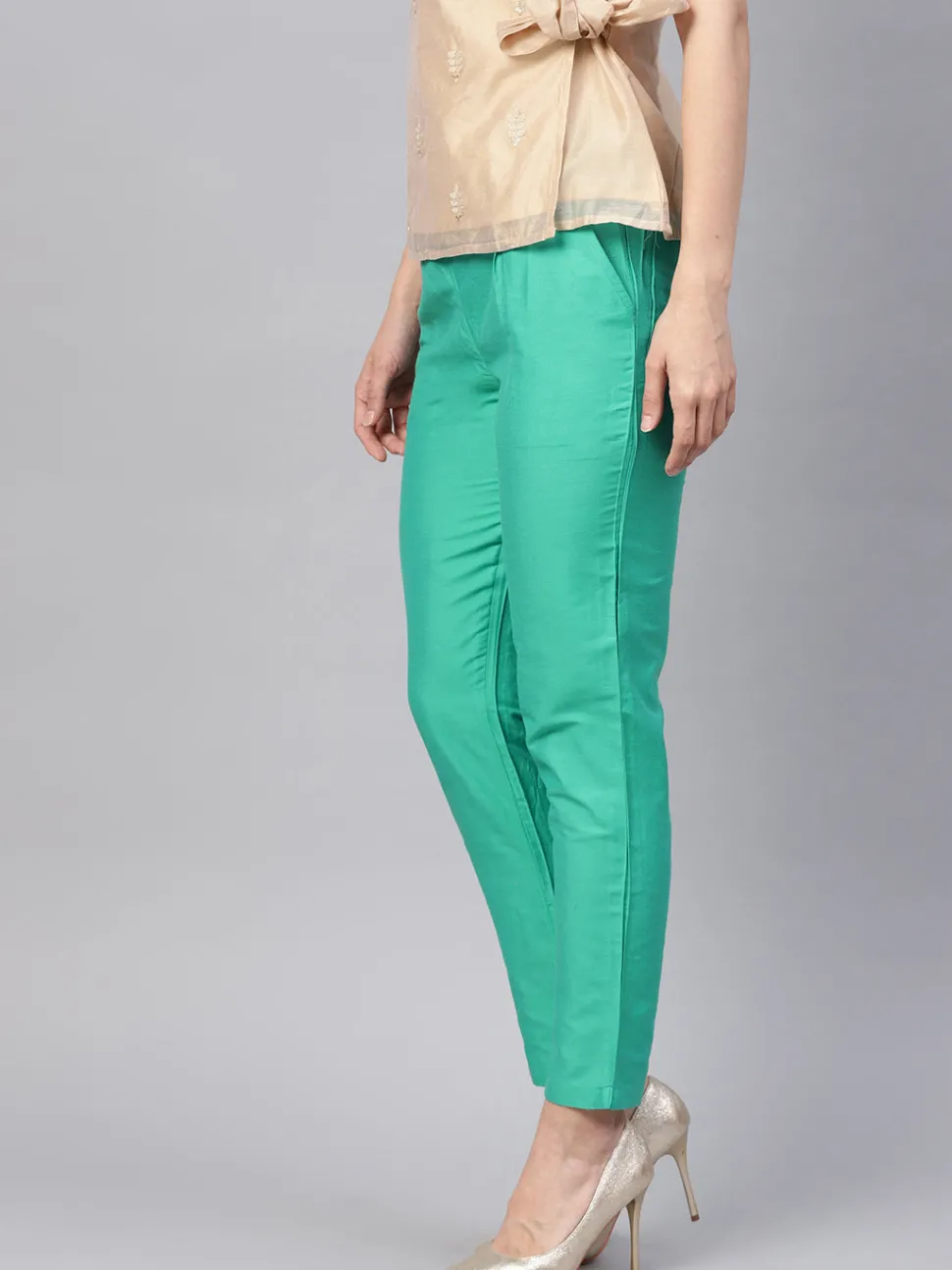 Jaipur Kurti Sea Green Solid Chanderi Pants