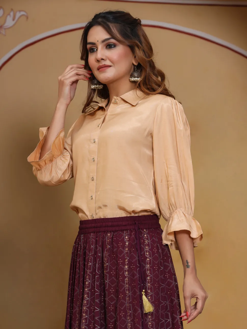 Jaipur Kurti Silk Blend Camel Brown Shirt
