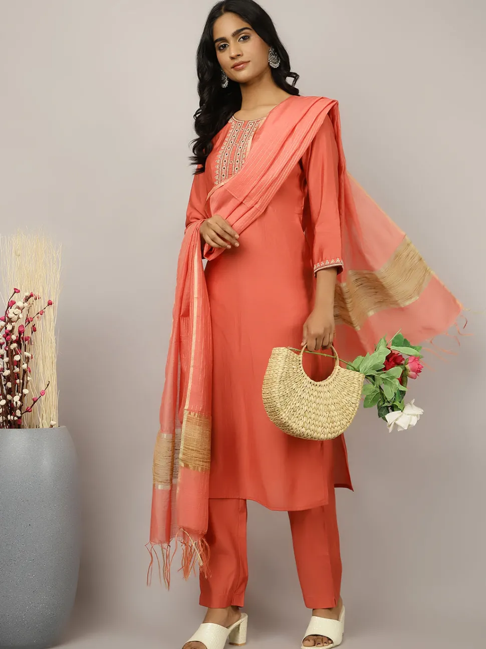 Jaipur Kurti Silk Blend Embroidered Suit Set
