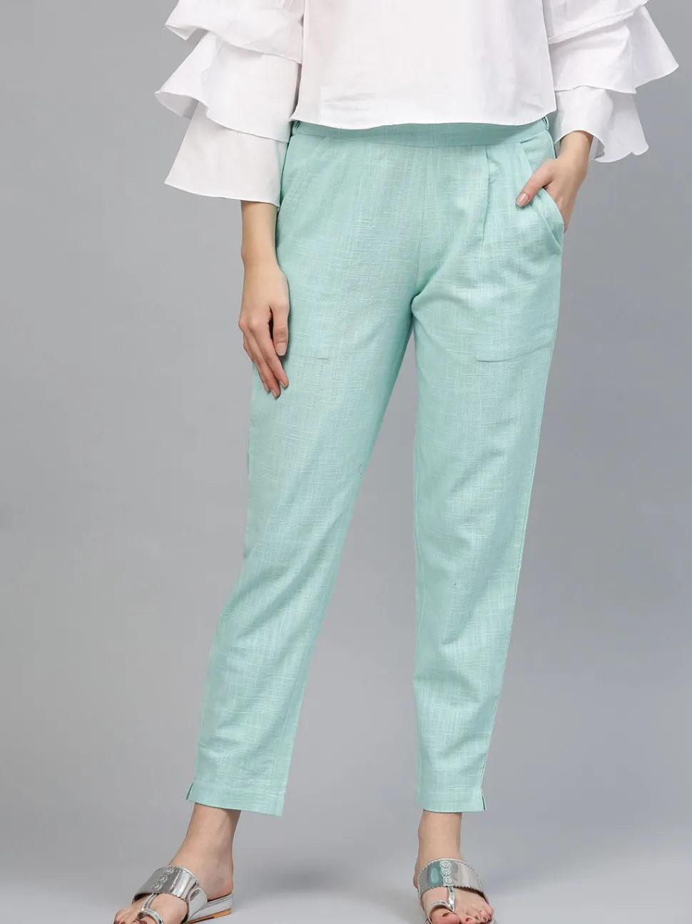 Jaipur Kurti Sky Blue Solid Cotton Slub Straight Pants