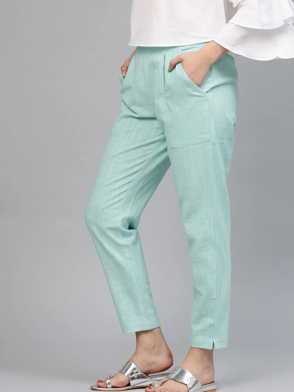 Jaipur Kurti Sky Blue Solid Cotton Slub Straight Pants