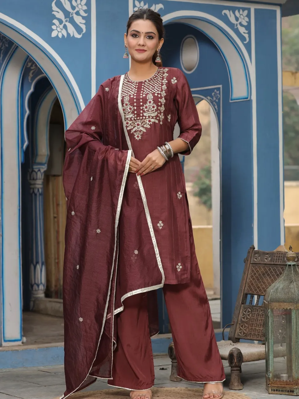 Jaipur Kurti Straight Embroidered Kurta With Palazzo & Dupatta